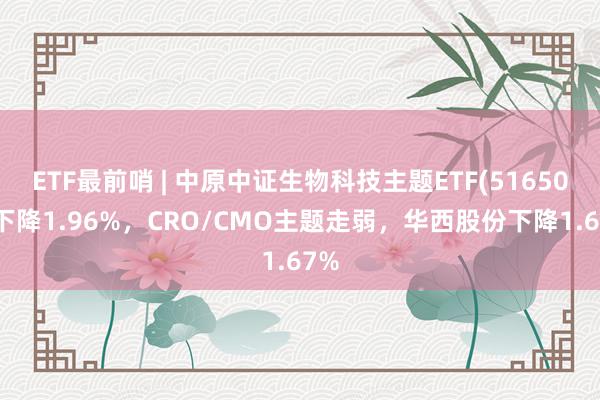 ETF最前哨 | 中原中证生物科技主题ETF(516500)下降1.96%，CRO/CMO主题走弱，华西股份下降1.67%